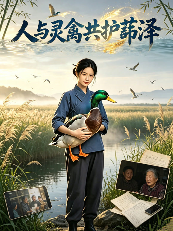 人与灵禽共护苇泽