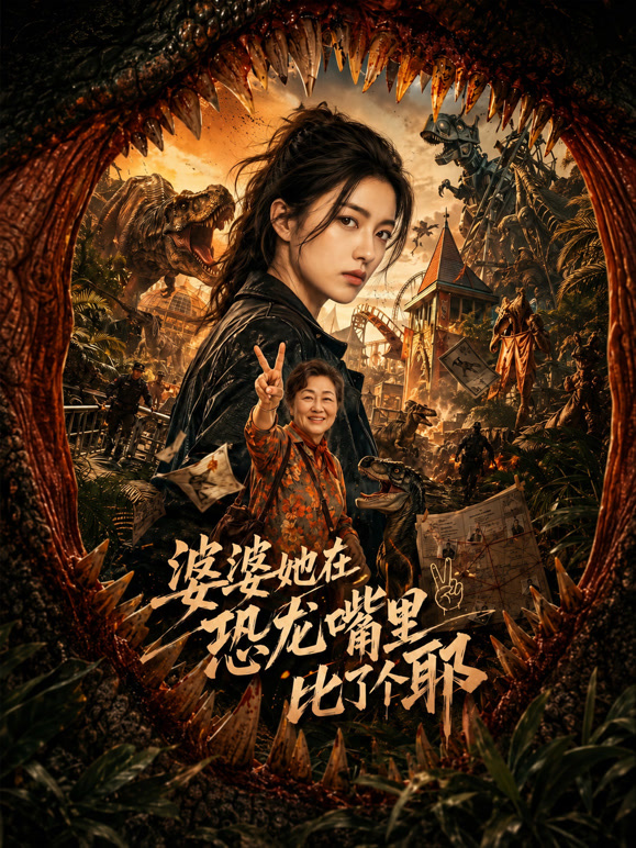 婆婆她在恐龙嘴里比了个耶
