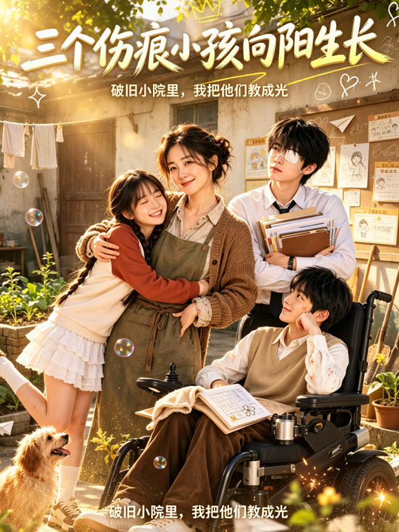 三个伤痕小孩向阳生长